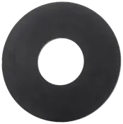 Svart gummi flat bricka med stor ytterdiameter och centralt hål, används för tätning eller distans i VVS eller mekaniska applikationer. Slät yta, cirkulär form, hållbart material.