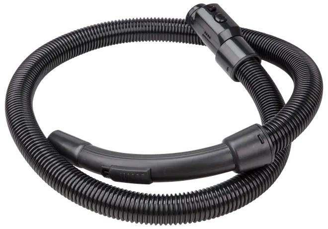 Flexibel svart dammsugarslang med ergonomiskt handtag och anslutningsdel. Tillverkad i slitstark, räfflad plast, kompatibel med flera dammsugarmodeller för enkel användning.
