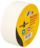 Rulle vit maskeringstejp, 38 mm bred och 25 meter lång, med gul etikett, produktinformation och utskuret handtag för enkel transport.