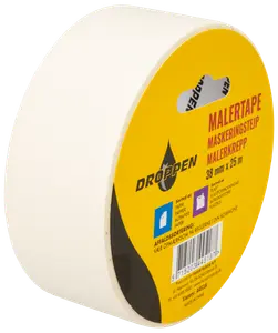 Rulle vit maskeringstejp, 38 mm bred och 25 meter lång, med gul etikett, produktinformation och utskuret handtag för enkel transport.