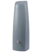 Høj, grå, rektangulær regnvandstank med glat overflade og messinghane nederst til nem aftapning. Moderne, minimalistisk design til udendørs brug.