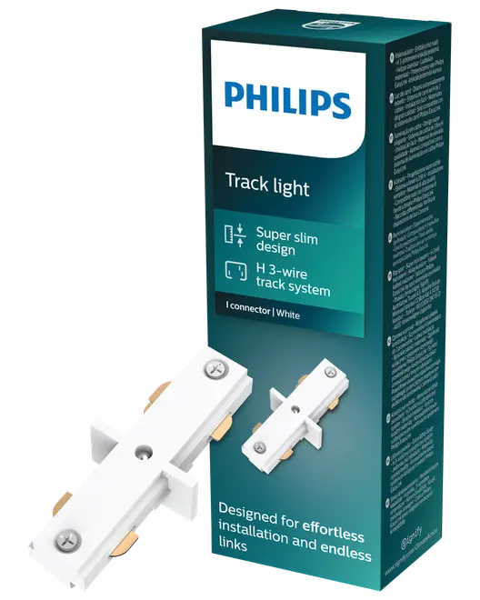 Philips hvid I-stik til H 3-leder skinnesystem, super slankt design, nem installation, velegnet til sammenkobling af skinnespots. Inkluderer stik og emballage.