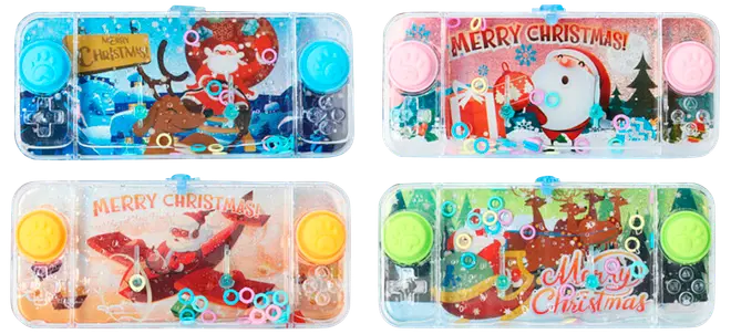 Fyra julinspirerade handhållna vattenspel i blått, rosa, gult och grönt, med transparenta plastkåpor, två knappar och festliga Merry Christmas-motiv.