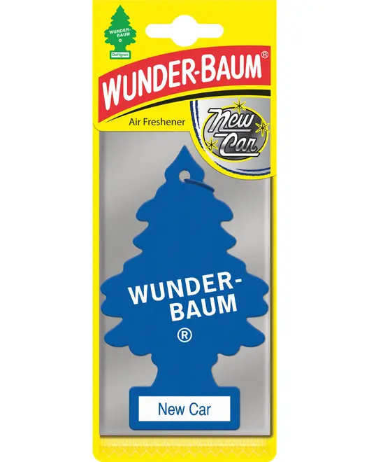 Blåt, træformet luftfrisker med teksten 'Wunder-Baum' og 'New Car' duft, pakket i gul og gennemsigtig plast, beregnet til brug i biler.