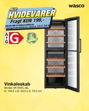 Vinkøleskab med åben dør ses på gul baggrund, tekst annoncerer fragt til kun 199 kr. for alle hvidevarer i perioden 12/3 til 29/4