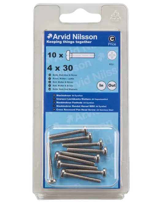 Arvid Nilsson Maskinskrue A4 PH M4 x 30 mm 10-pak