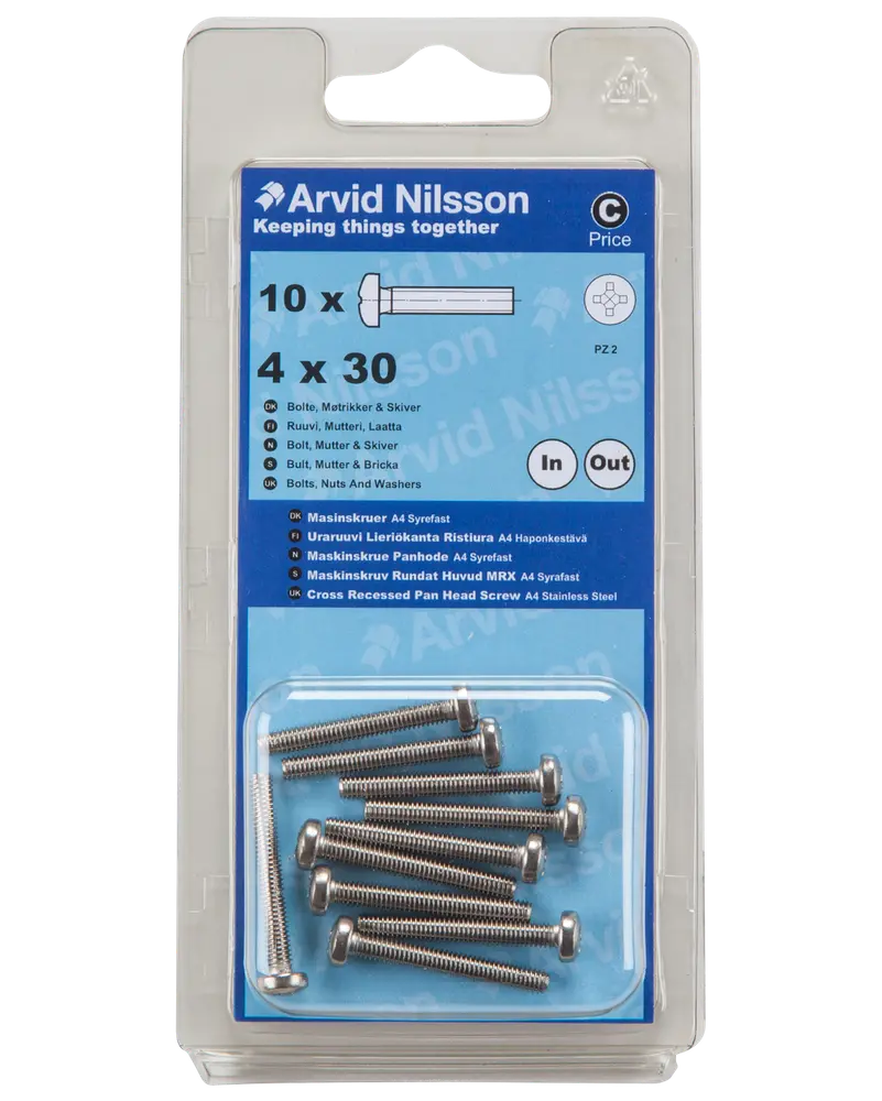 Arvid Nilsson Maskinskrue A4 PH M4 x 30 mm 10-pak