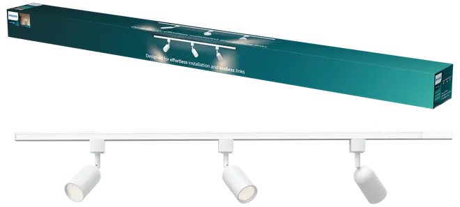 Hvidt skinnesystem med tre justerbare spotlys, moderne design, velegnet til loftmontering. Inkluderer monteringsudstyr, perfekt til fokuseret belysning i stue eller arbejdsrum.