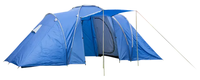 Stor blå campingtelt med flere rum, frontmarkise, lynlåsdøre og vinduer. Velegnet til grupper eller familier, vejrbestandigt materiale og solide støttepæle for stabilitet.