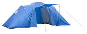 Stor blå campingtelt med flere rum, frontmarkise, lynlåsdøre og vinduer. Velegnet til grupper eller familier, vejrbestandigt materiale og solide støttepæle for stabilitet.