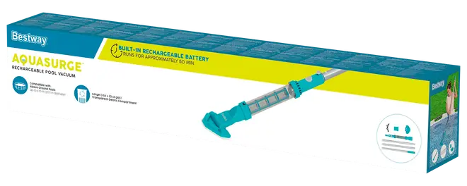 Bestway Aquasurge uppladdningsbar pooldammsugare med inbyggt batteri, teleskopskaft och skräpfilter. Passar för rengöring av pooler och spabad. Drifttid cirka 50 minuter per laddning.