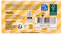 Bagsiden af en parfumeæske med ingredienser, genbrugssymboler, stregkode, producentoplysninger og brugsanvisning. Indeholder produktinformation og certificeringslogoer. Fremstillet i PRC.