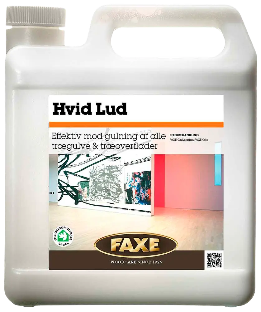 FAXE Hvid Lud træbehandling i plastdunk, modvirker gulning af trægulve og træoverflader. Med håndtag, skruelåg og etiket med produktinformation.
