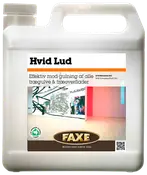FAXE Hvid Lud træbehandling i plastdunk, modvirker gulning af trægulve og træoverflader. Med håndtag, skruelåg og etiket med produktinformation.