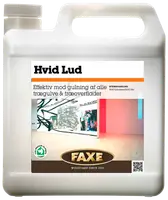 Plastdunk med FAXE Hvid Lud til behandling af trægulve og træoverflader mod gulning. Med håndtag, skruelåg og etiket med produktinformation.