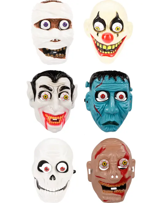 Plastmask för Halloween med läskigt clownansikte, stora ögon, bred röd mun, stor röd näsa och gula tänder. Passar till maskerader eller skrämmande evenemang.