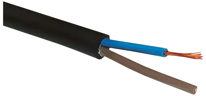 Svart elkabel med blå och brun isolerad ledare synlig i den avskurna änden.