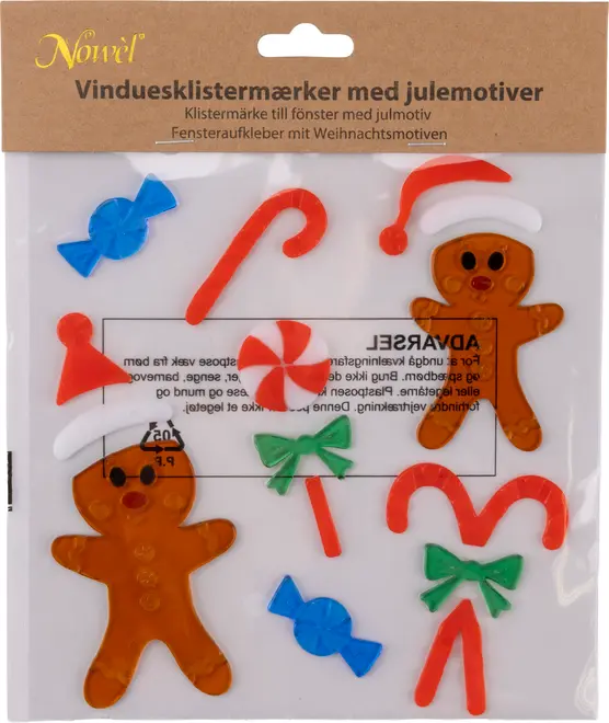 Sæt med vinduesklistermærker med julemotiver, herunder peberkagemænd, slikstokke, blå bolsjer, grønne sløjfer og rød-hvid pebermynte, lavet af farverigt gelmateriale.