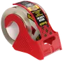 Klar packtejp på röd plastdispenser. Märkt "Scotch Box Lock" för förpackning. Har tandad kant för enkel avskärning och ergonomiskt grepp.