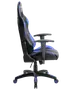 Ergonomisk gamingstol med hög rygg, justerbara armstöd, svart och blå vadderad sits samt femhjulig bas för enkel rörelse.