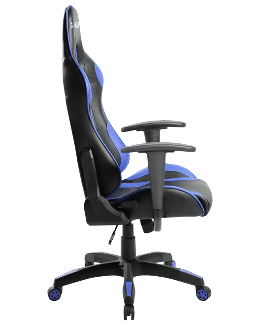 Ergonomisk gamingstol med hög rygg, justerbara armstöd, svart och blå vadderad sits samt femhjulig bas för enkel rörelse.