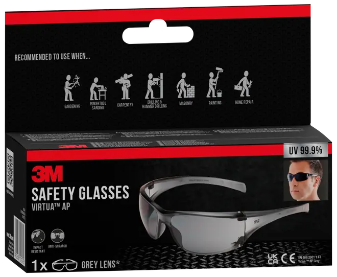3M Virtua AP sikkerhedsbriller med grå, slagfaste og ridsefaste linser. Giver 99,9% UV-beskyttelse. Velegnet til havearbejde, slibning, tømrerarbejde, boring, murerarbejde, maling og reparation.
