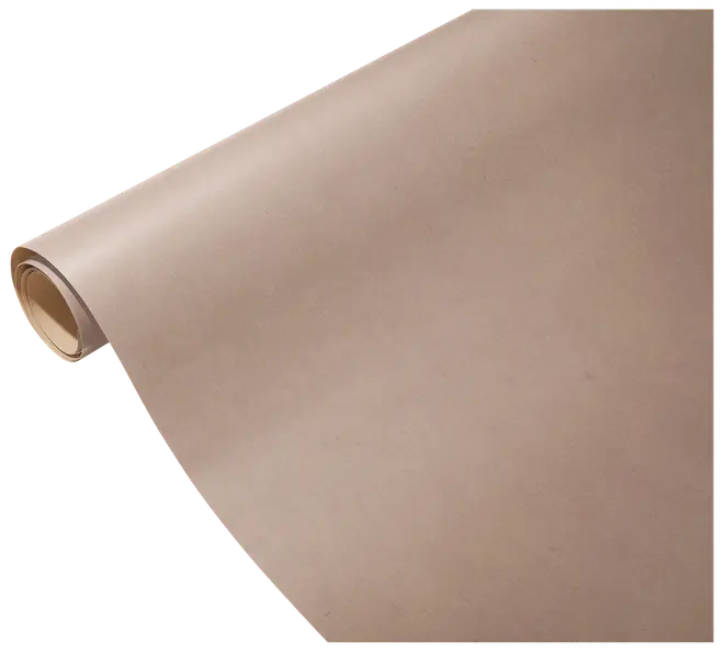 En stor rulle almindeligt brunt kraftpapir, ubelagt og glat, velegnet til indpakning, emballage, hobby eller afdækning. Papiret er tykt og holdbart til forskellige formål.