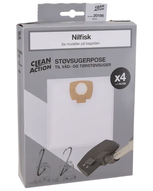 Förpackning med 4 Clean Action dammsugarpåsar och 1 filter, passar Nilfisk våt- och torrdammsugare. Kartongkrage för säker passform. För flera Nilfisk-modeller.