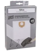 Pakke med 4 Clean Action støvsugerposer og 1 filter, passer til Nilfisk våd- og tørstøvsugere. Med papkrave for sikker montering. Til flere Nilfisk-modeller.