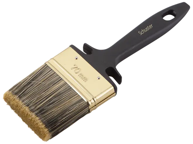 Bred 70 mm malerpensel med naturbørster, sort ergonomisk plastikhåndtag og guldfarvet metalbånd. Velegnet til store flader. Håndtaget har ophængningshul.
