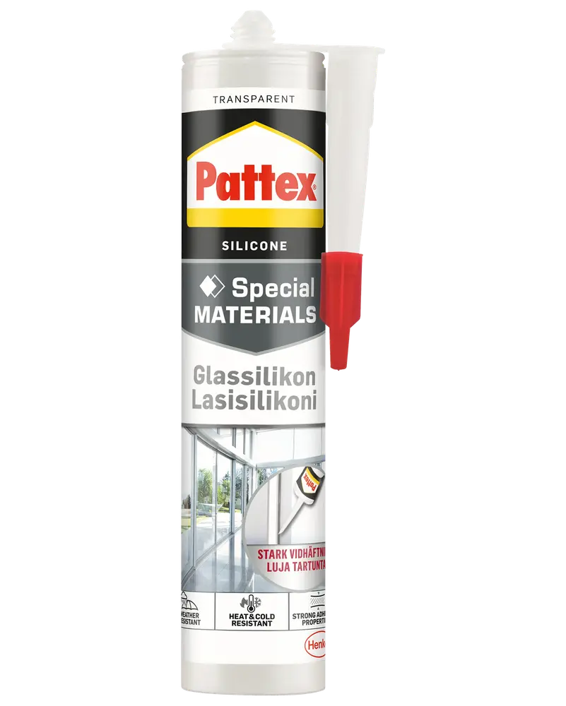 Pattex transparent silikoneforsegling til glas, patron med dyse. Velegnet til specialmaterialer, varme- og kulderesistent, stærk vedhæftning, ideel til vinduer og glasflader.