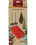 Juletema chokoladeform sæt, indeholder fem dele: en rød silikoneform med stjerneformer og tilbehør til at lave 3D chokolade juletræer. Festlig emballage med julemand og snemand.