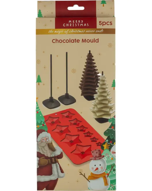 Juletema chokoladeform sæt, indeholder fem dele: en rød silikoneform med stjerneformer og tilbehør til at lave 3D chokolade juletræer. Festlig emballage med julemand og snemand.