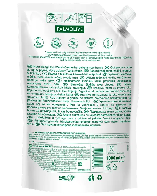 Palmolive flytande handtvål refillpåse, 1000 ml, med närande krämformula. Miljövänlig förpackning med 78% mindre plast, enkel hällpip, passar för påfyllning av tvålpumpar.