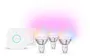 Philips Hue startpakke med tre GU10 farveskiftende pærer, trådløs dæmperkontakt og bridge-hub til app- og stemmestyring.