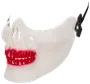 Vit halvmask med överdrivna röda läppar och tänder, liknar ett skrämmande leende. Tillverkad i plast med elastiskt band. Perfekt för maskerader eller Halloween.