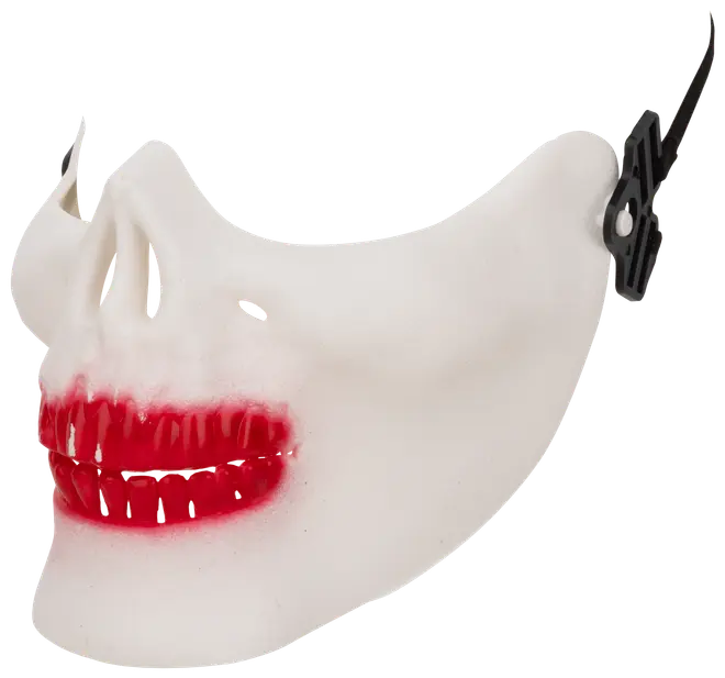 Vit halvmask med överdrivna röda läppar och tänder, liknar ett skrämmande leende. Tillverkad i plast med elastiskt band. Perfekt för maskerader eller Halloween.