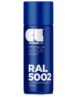 400 ml spraydåse med Cosmoslac premium akrylmaling i RAL 5002 ultramarinblå. Blå låg og krop med hvid tekst og branding på etiketten.