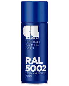 400 ml spraydåse med Cosmoslac premium akrylmaling i RAL 5002 ultramarinblå. Blå låg og krop med hvid tekst og branding på etiketten.