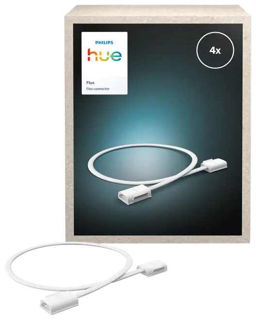 Philips Hue Flex connector, hvid kabel med stik i begge ender, bruges til at forbinde Hue lysstrips. Pakken indeholder fire stik.