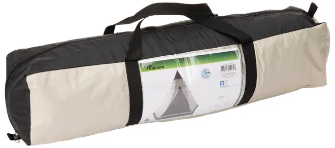 Beige og sort teltbærepose med håndtag, lynlås og produktlabel med teltbillede. Kompakt og bærbar til nem transport og opbevaring af campingtelt.