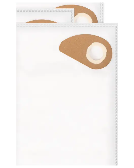 Två vita dammsugarpåsar med brun pappkrage och runt fästhål, avsedda för dammuppsamling och kompatibla med specifika dammsugarmodeller.