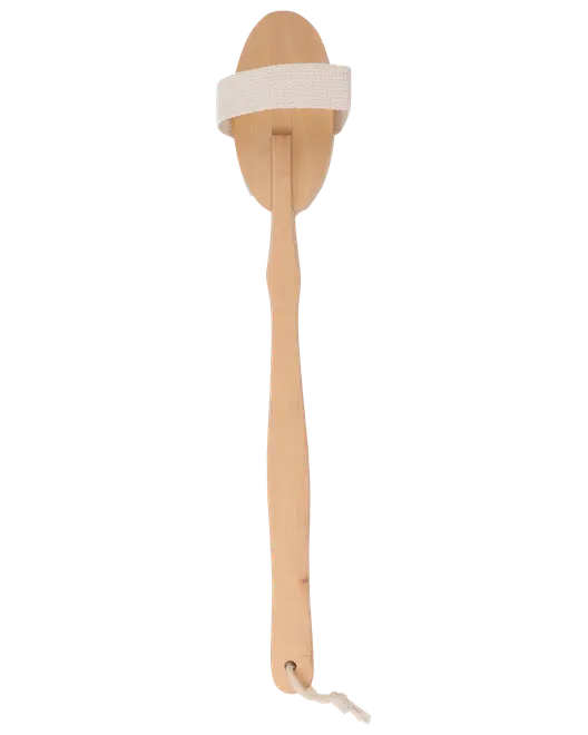 Badborste i trä med långt handtag, ovalt borsthuvud, naturborst och tygrem för grepp. Har en upphängningsögla i handtagets ände.