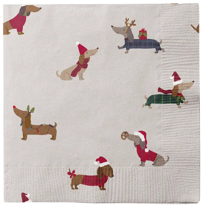 Festlig serviet med gravhunde i juleudstyr, såsom nissehuer, tørklæder, rensdyrgevir og gaver, på lys baggrund. Perfekt til julefester og sæsondekoration.