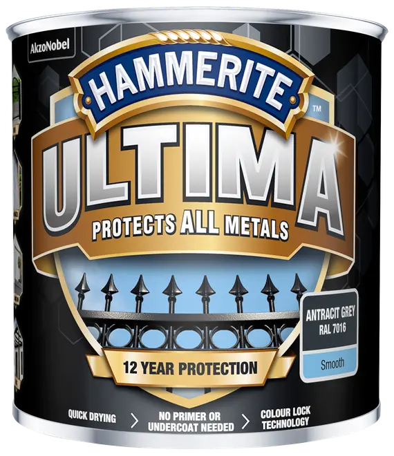 Hammerite Ultima metalmaling, antracitgrå, glat finish. Beskytter alle metaller, 12 års beskyttelse, hurtigtørrende, ingen grunder nødvendig, farvelåseteknologi. Til udendørs metaloverflader.