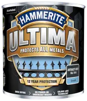 Hammerite Ultima metalmaling, antracitgrå, glat finish. Beskytter alle metaller, 12 års beskyttelse, hurtigtørrende, ingen grunder nødvendig, farvelåseteknologi. Til udendørs metaloverflader.