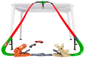 Hot Wheels bilbana med två röda kurvor, dinosaurietema-startare och två leksaksbilar. Fästs på bord för höjd racing och stunts.