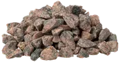 Bunke af grove, ujævne granitsten i grå og lyserøde nuancer, velegnet til haveanlæg, indkørsler eller dekorativt dække. Stenene varierer i størrelse, typisk 2-7 cm.
