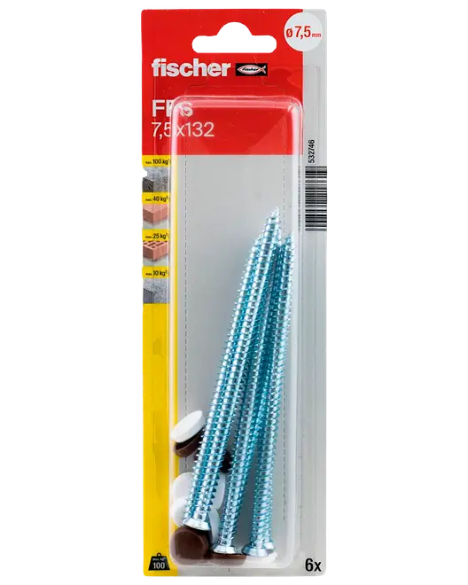 Blisterförpackning med sex långa silverfärgade skruvar och pluggar i röd och vit Fischer-förpackning, märkt 7,5 x 132 mm.
