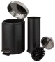 Mat sort badeværelsessæt med pedalspand, toiletbørste med holder og matchende låg. Moderne cylindrisk design, rustfri ståldetaljer, ideel til moderne badeværelser.